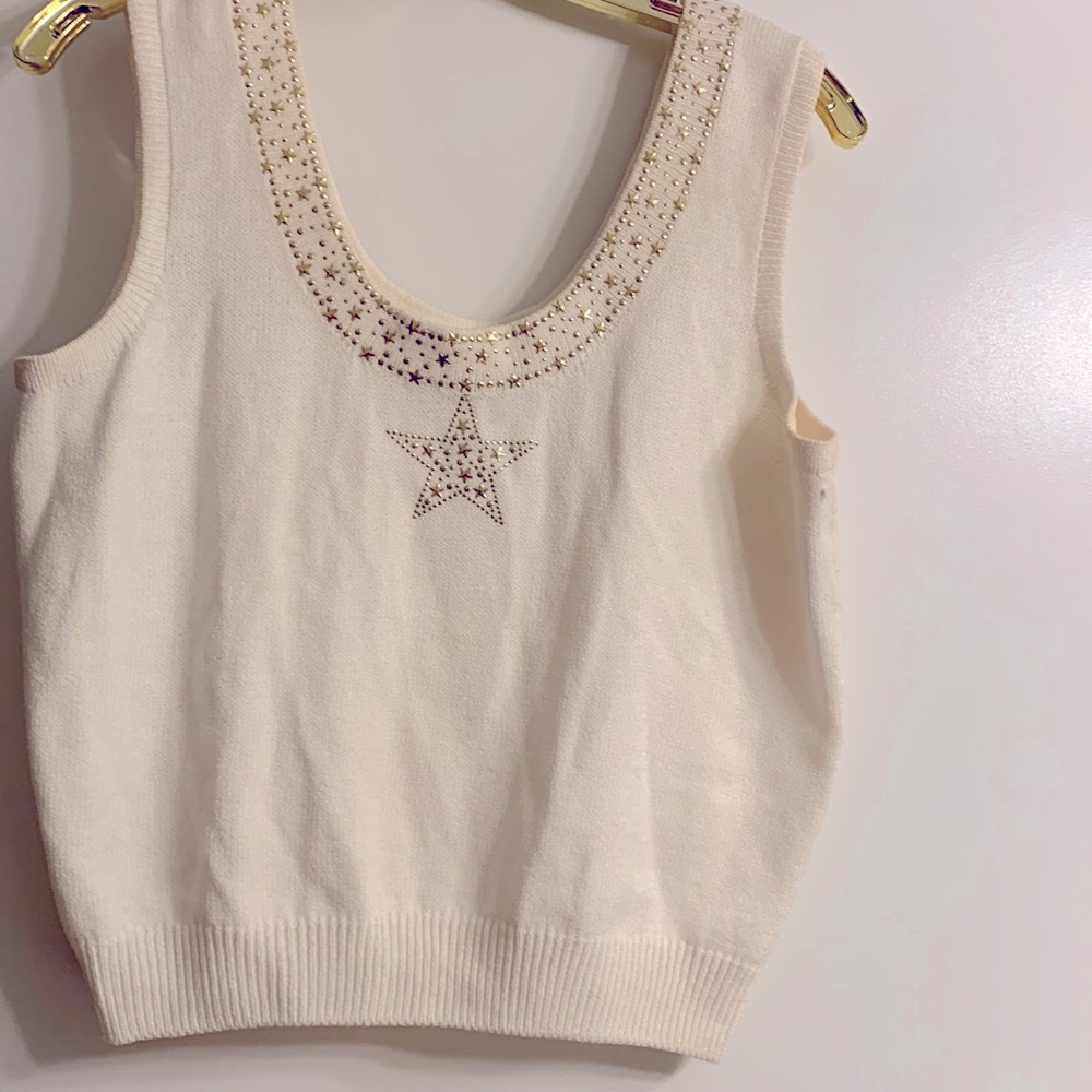 St John white top with Gold neckline embellishments.  Size large